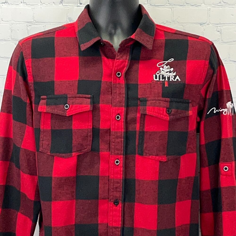 Michelob Ultra Mirage Casino Flannel Button Front Shirt Red Cowboy Mens M Medium